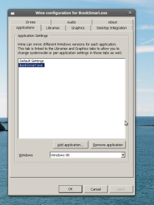 Use Windows 98 compatability to run BookSmart.exe winecfg screenshot