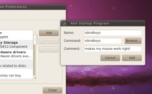 Screenshot of adding xbindkeys to startup applications
